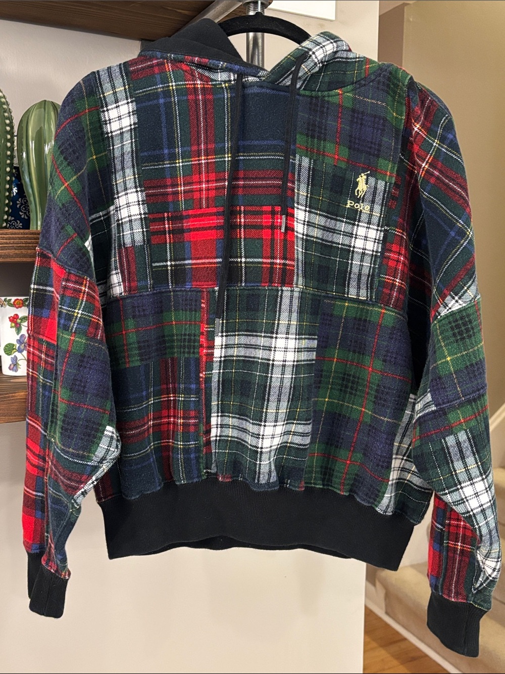 Polo Ralph Lauren Patchwork Tartan Plaid Cropped Hoodie Size XS